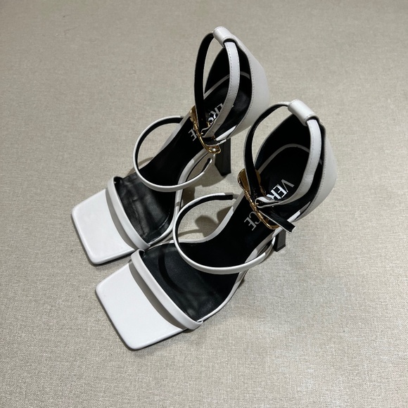 Versace White Safety Pin Heel Sandals - Picture 1 of 6